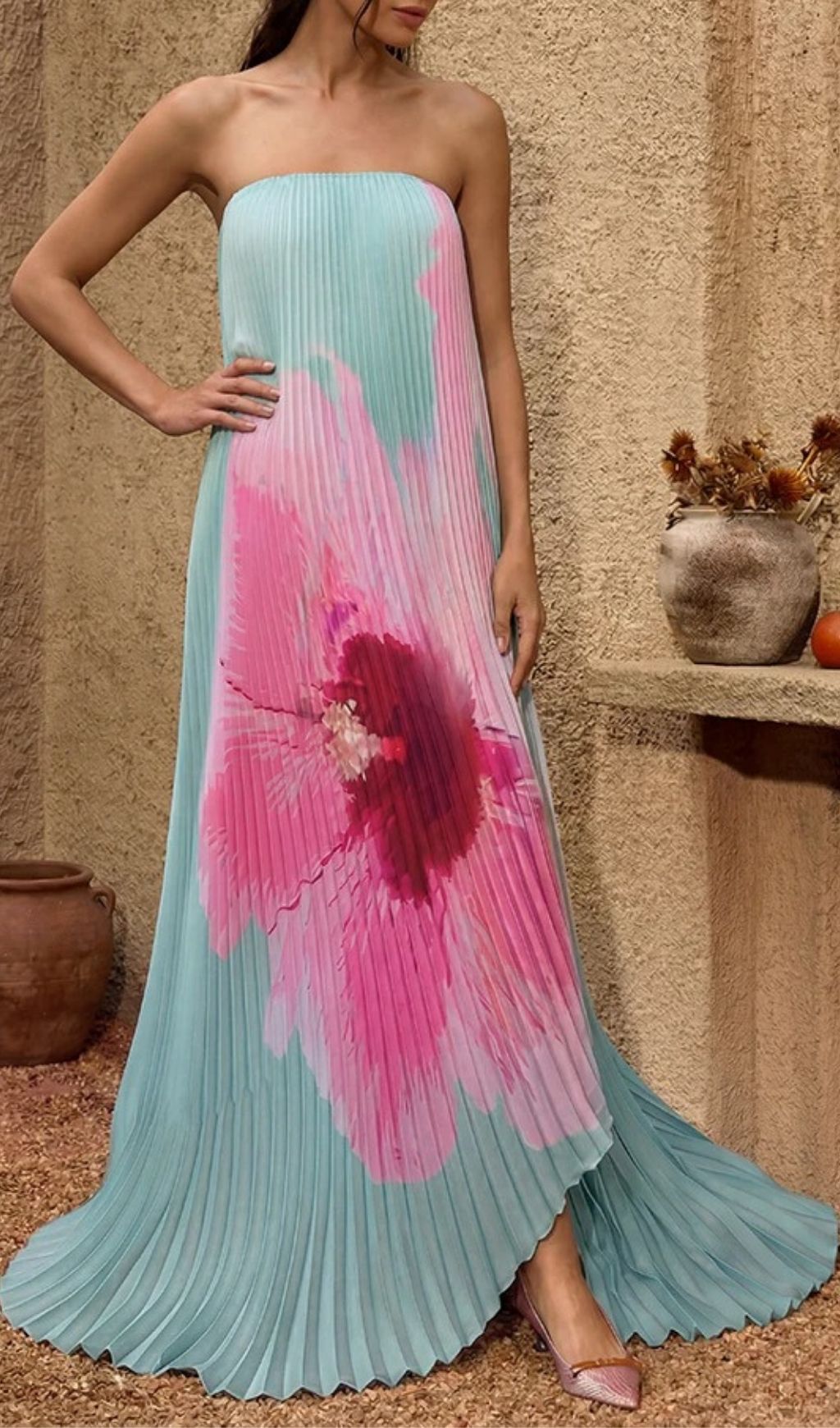 Yexila Summer Bloom Strapless Pleated Maxi Dress - Effortless Floral Elegance