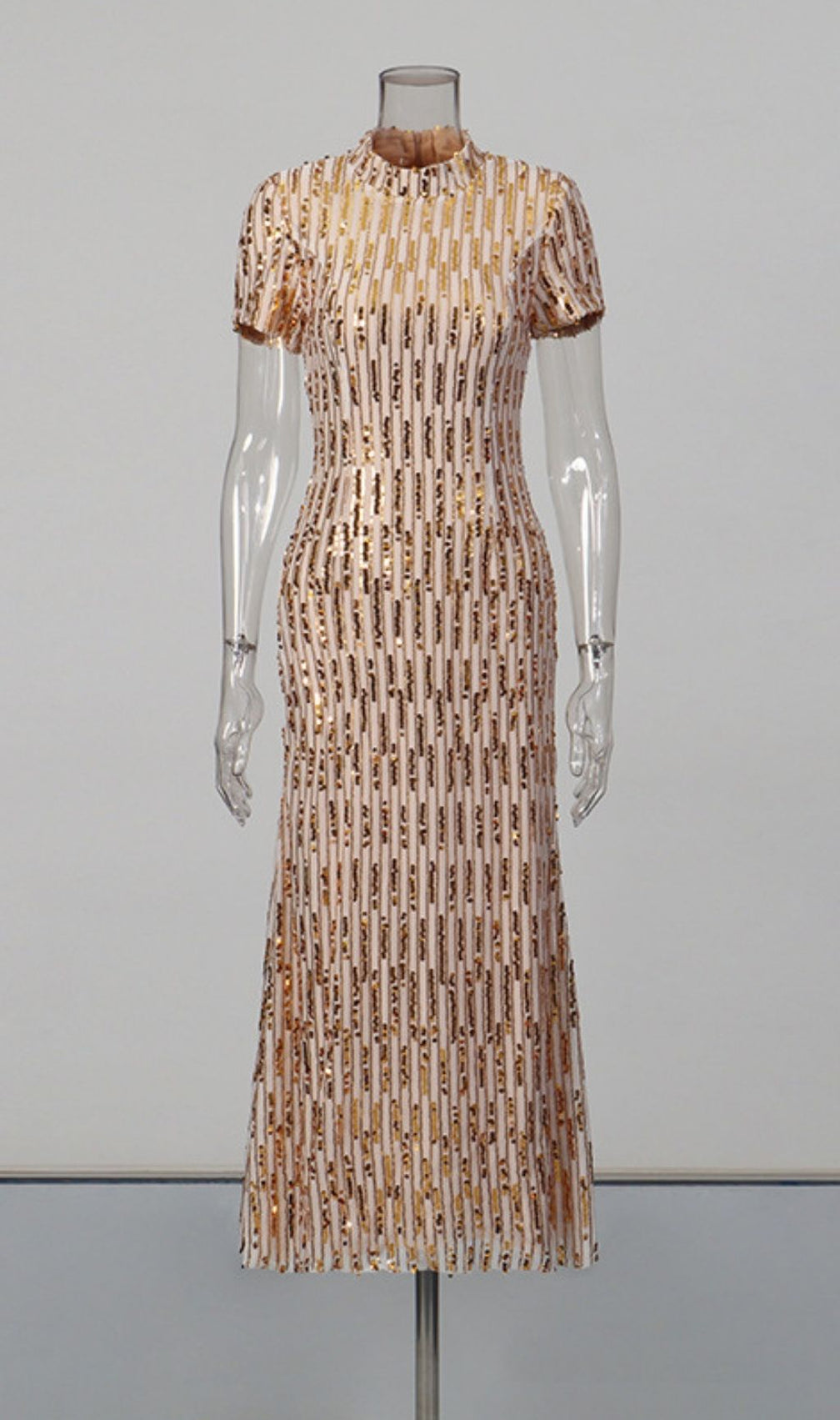 Keyah Gold Sequin Mock Neck Midi Dress - Dazzling Short Sleeve Party Gown