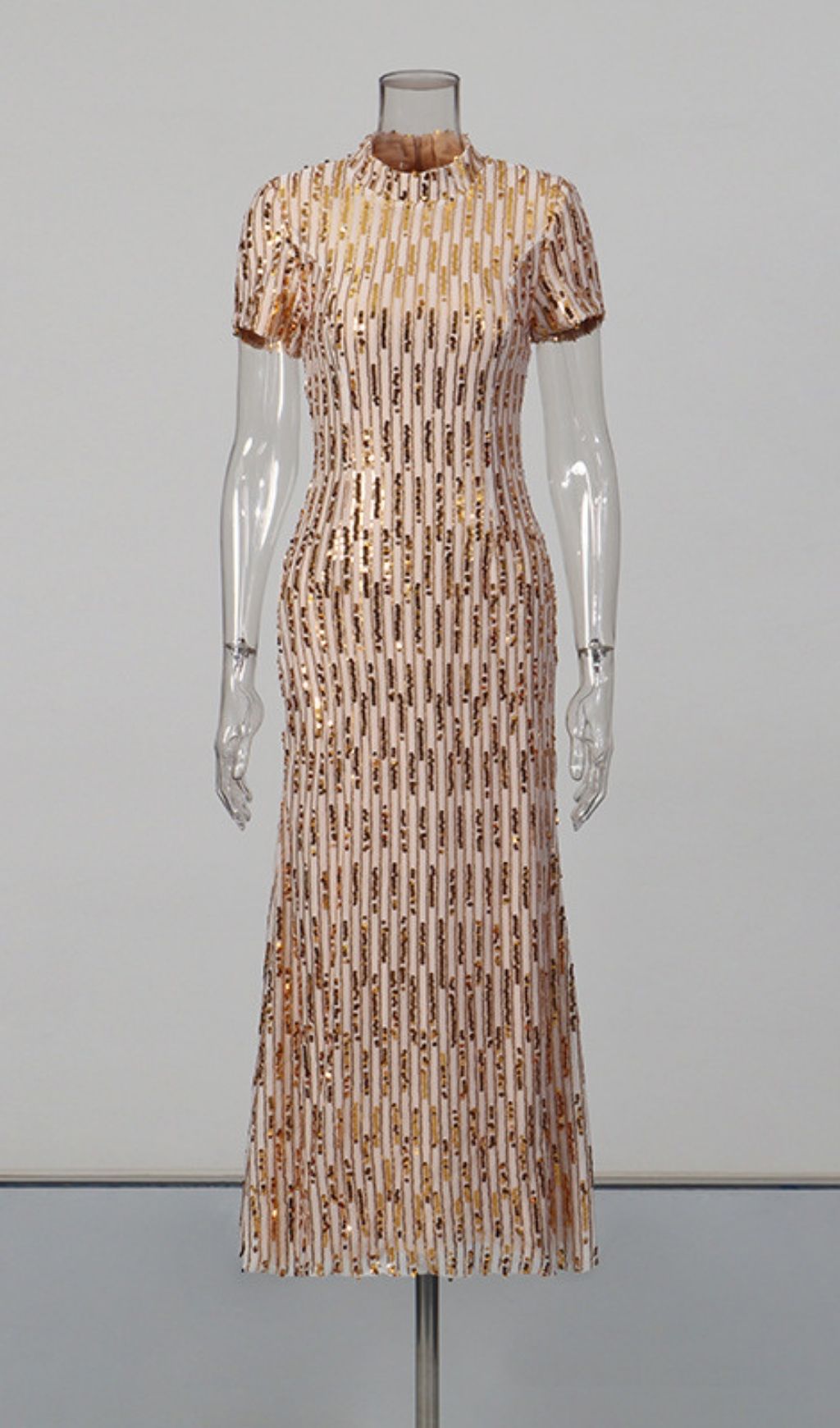Keyah Gold Sequin Mock Neck Midi Dress - Dazzling Short Sleeve Party Gown