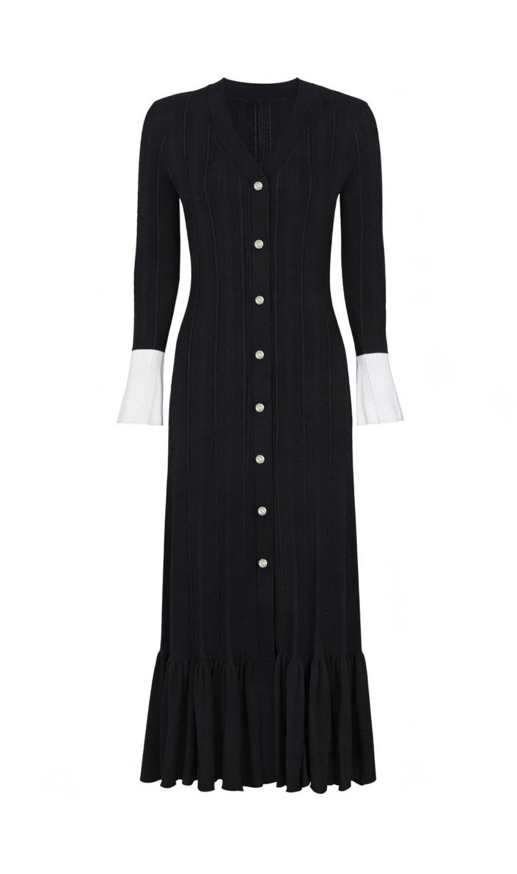 Kayanna Luxe Ribbed Knit Midi Dress | Chic Ruffle Cuffs & Button Front
