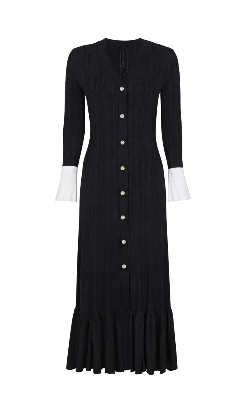 Kayanna Luxe Ribbed Knit Midi Dress | Chic Ruffle Cuffs & Button Front