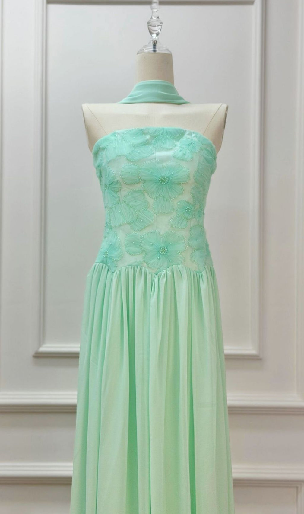 Kenley Ethereal Sage Green Strapless Floral Maxi Gown - Perfect for Weddings & Prom