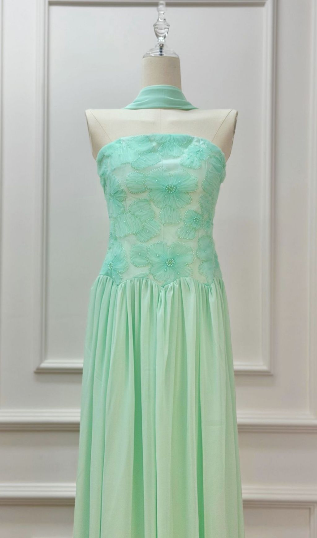 Kenley Ethereal Sage Green Strapless Floral Maxi Gown - Perfect for Weddings & Prom