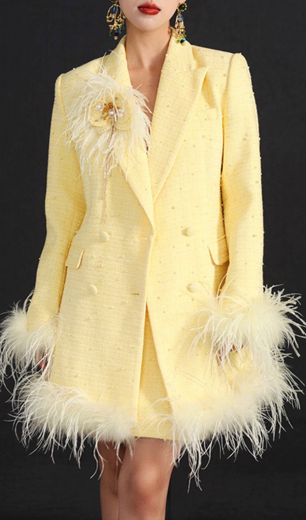 Hiba Luxe Yellow Tweed Feather Embellished Blazer Jacket