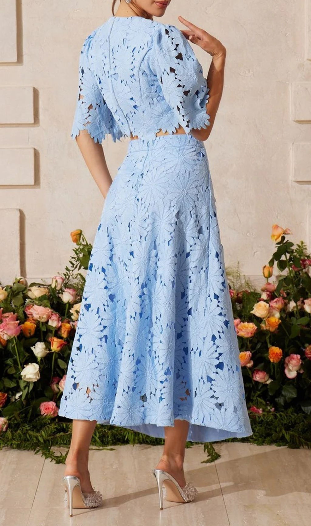 Zaelyth Elegant Floral Cut-Out Lace Skirt Set - Sky Blue Crop Top & Midi