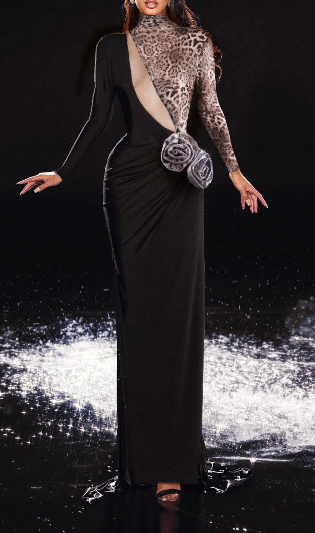 Faye Black Leopard Flower Maxi Dress