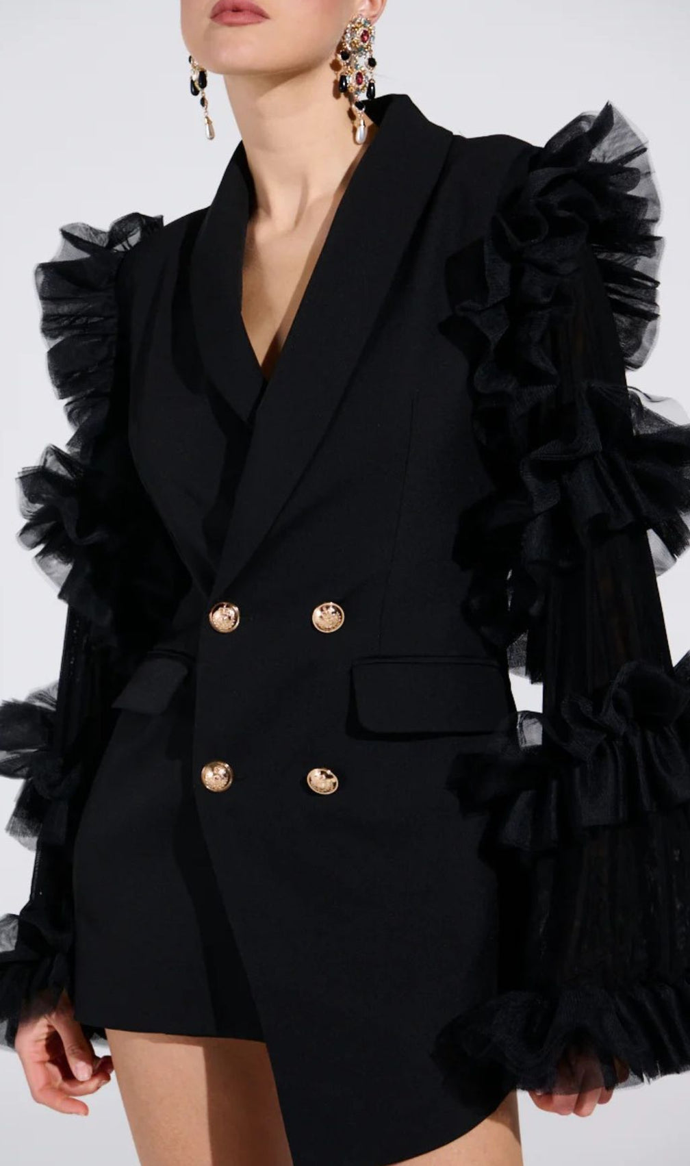 Kaleena Dramatic Tulle Sleeve Blazer Dress | Black Statement Mini for Women