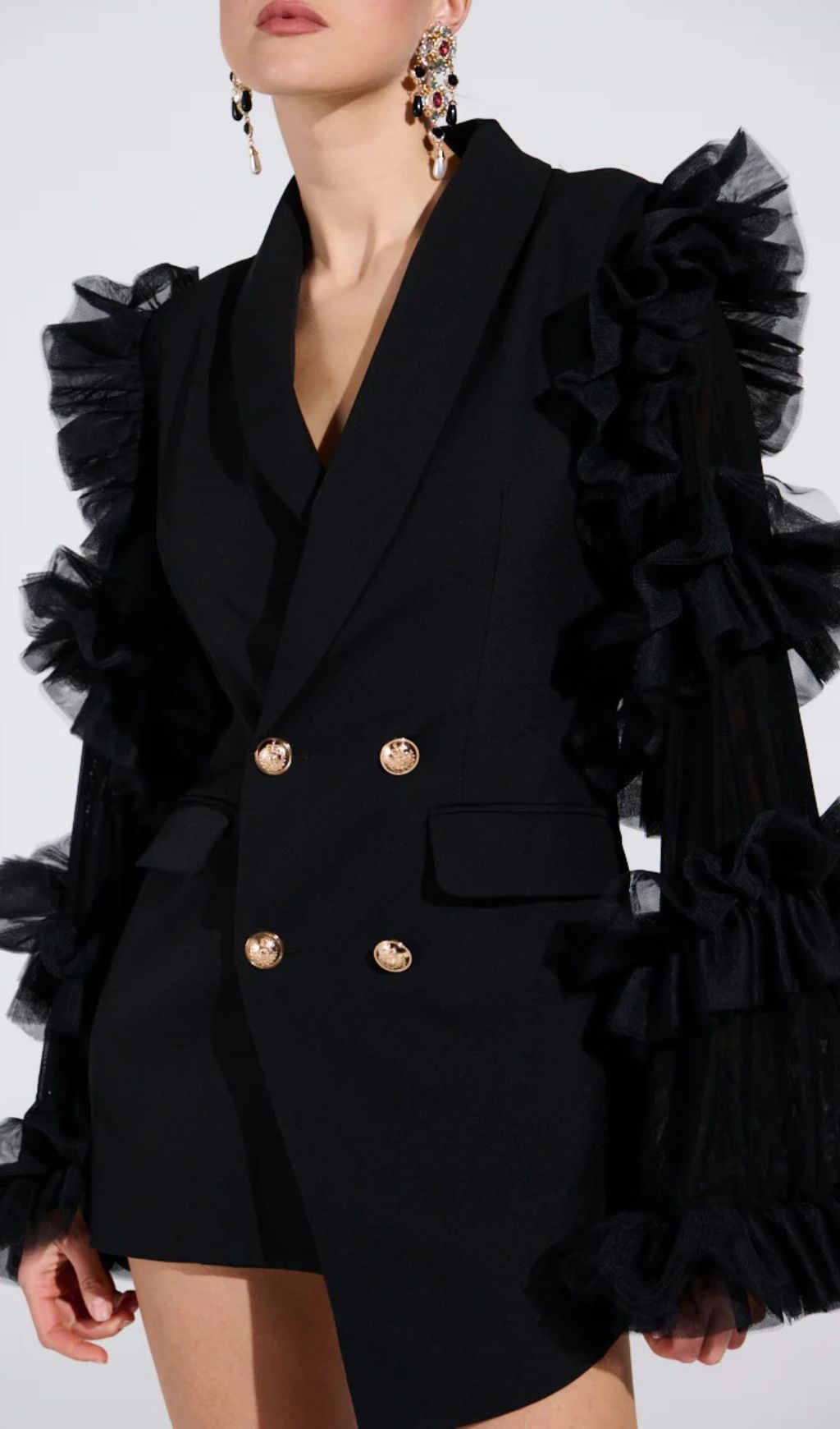 Kaleena Dramatic Tulle Sleeve Blazer Dress | Black Statement Mini for Women