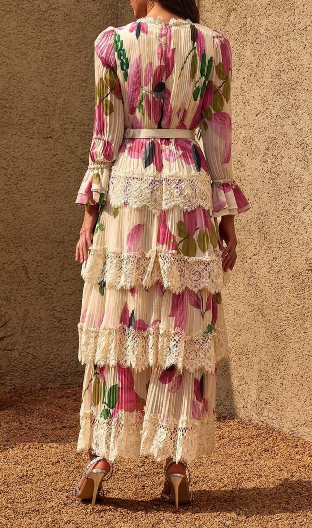 Charleen Elegant Floral Pleated Lace Tiered Maxi Dress | V-Neck & Belt
