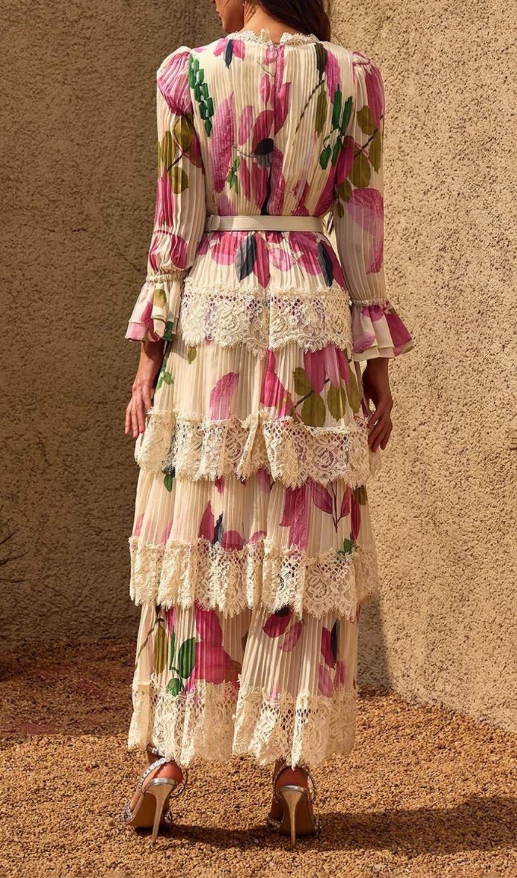 Charleen Elegant Floral Pleated Lace Tiered Maxi Dress | V-Neck & Belt