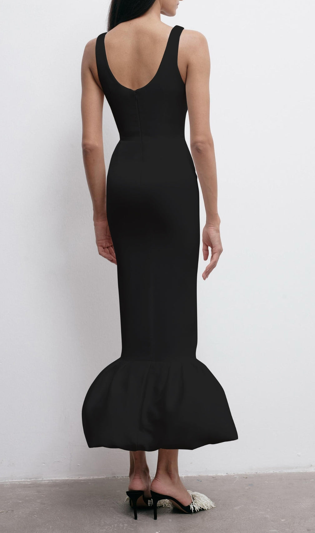 Bebe Black Flower Pearl Mermaid Midi Dress