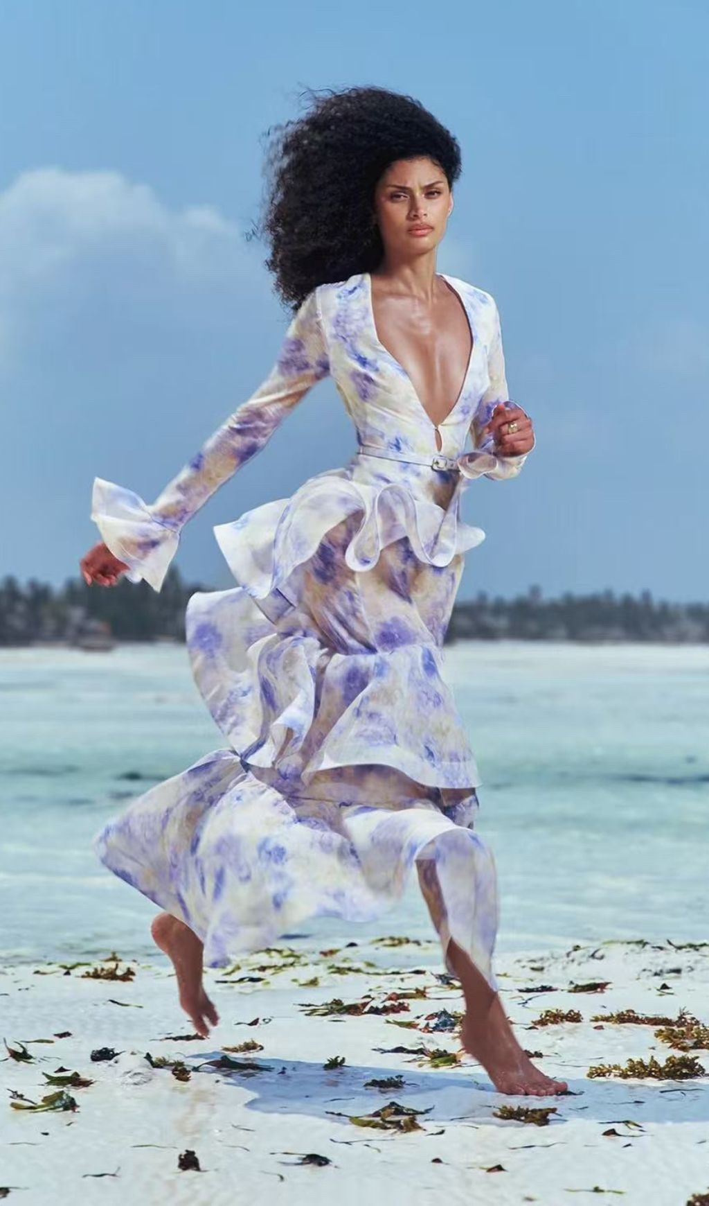 Enfys Blue Long Sleeve Printed Maxi Dress