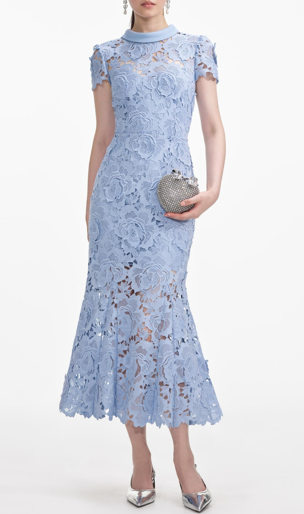 Blue Flower Lace Contrast Collar Midi Dress