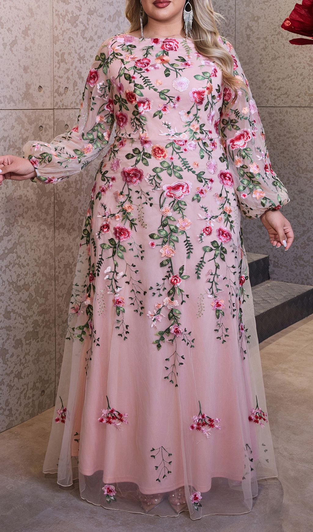 Helia Enchanting Floral Embroidered Plus Size Maxi Dress | Elegant Long Sleeve Gown