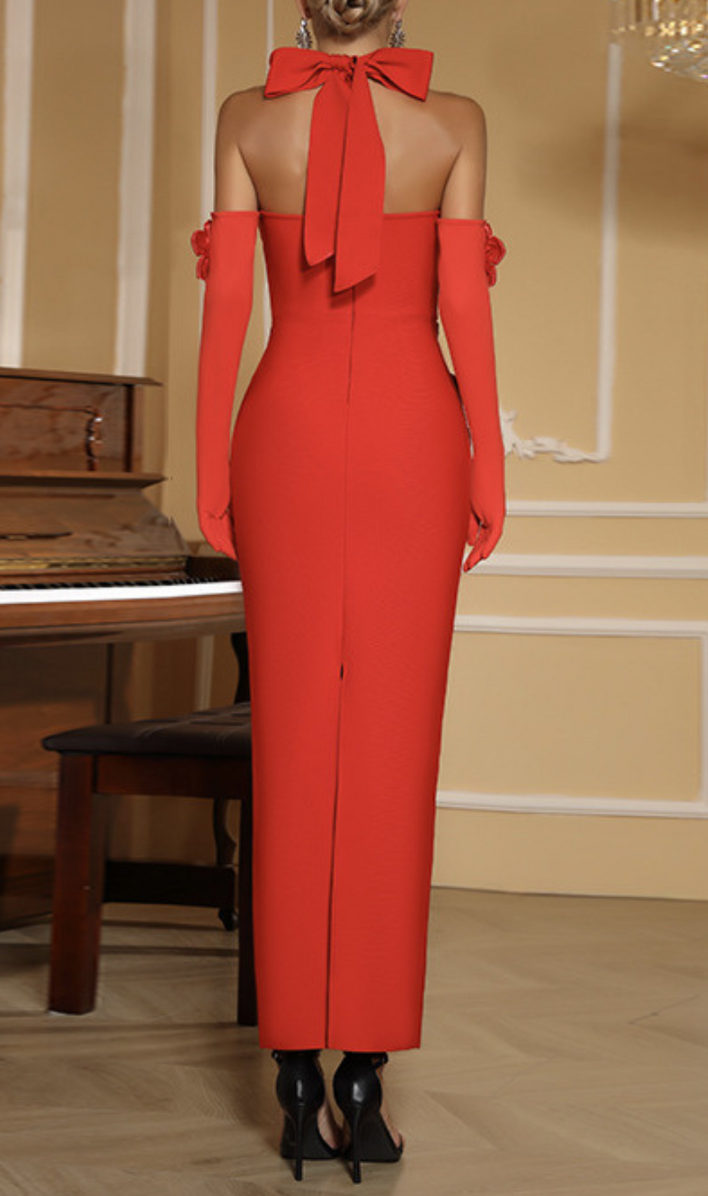 Galaxy Red Halter Flower Maxi Dress With Gloves