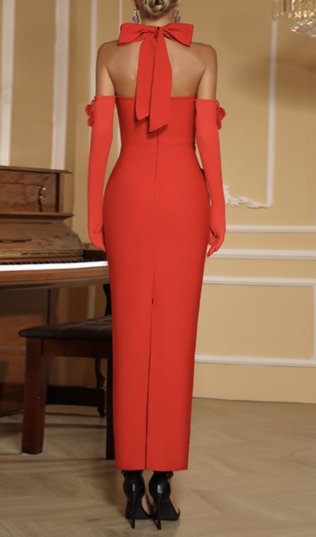 Galaxy Red Halter Flower Maxi Dress With Gloves