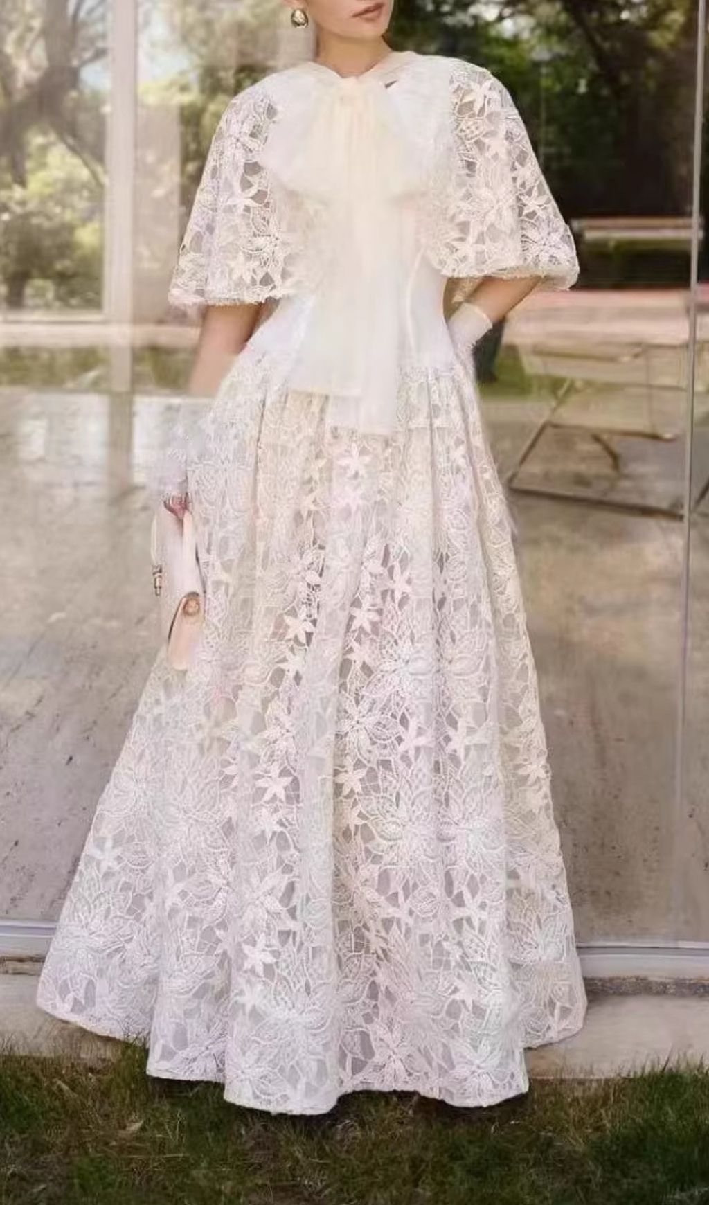 Chantelle Black Lace Maxi Dress: Dramatic Bow Neck & Voluminous Sleeves | Elegant Formal Gown