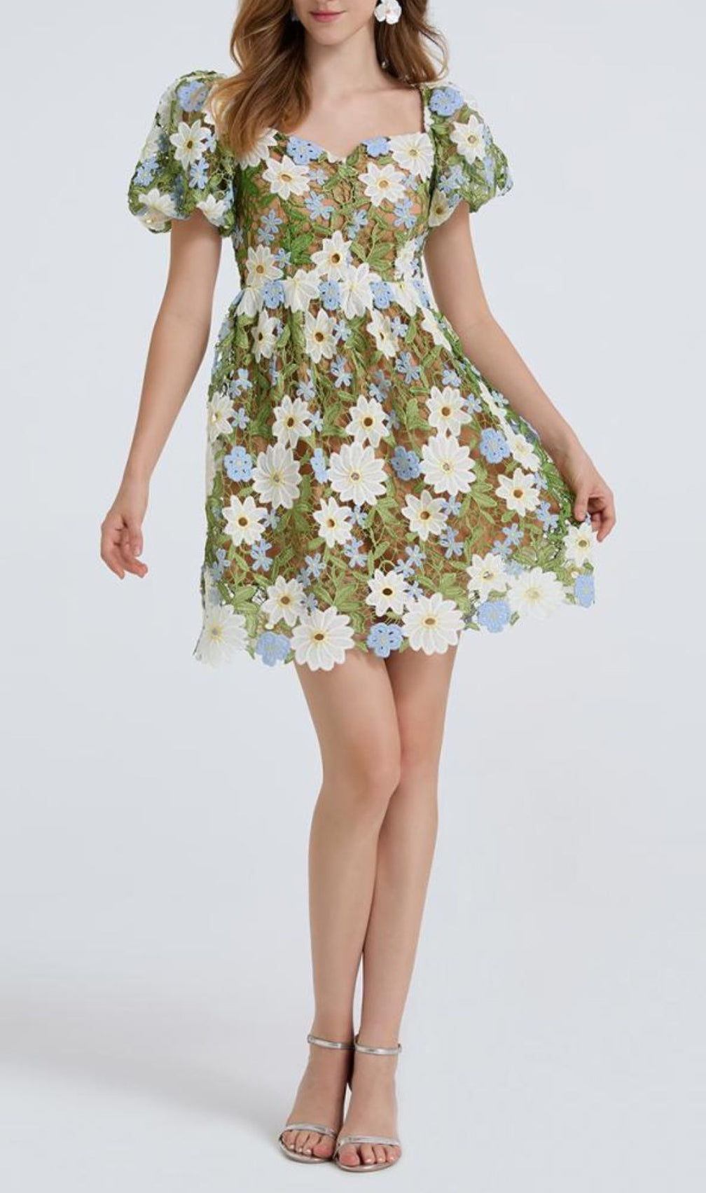 Fiducia Green Flower Embroidery Puff Sleeve Mini Dress