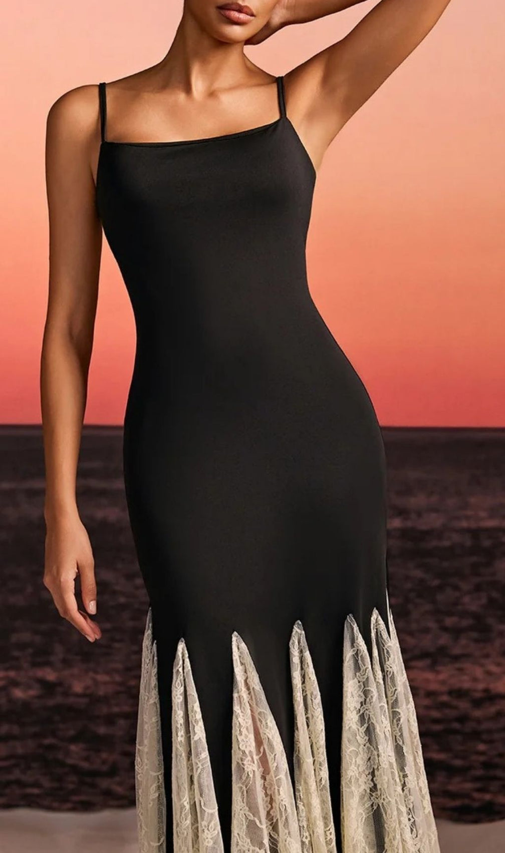 Farsel Elegant Spaghetti Strap Black & Lace Flared Maxi Dress - Evening & Occasions