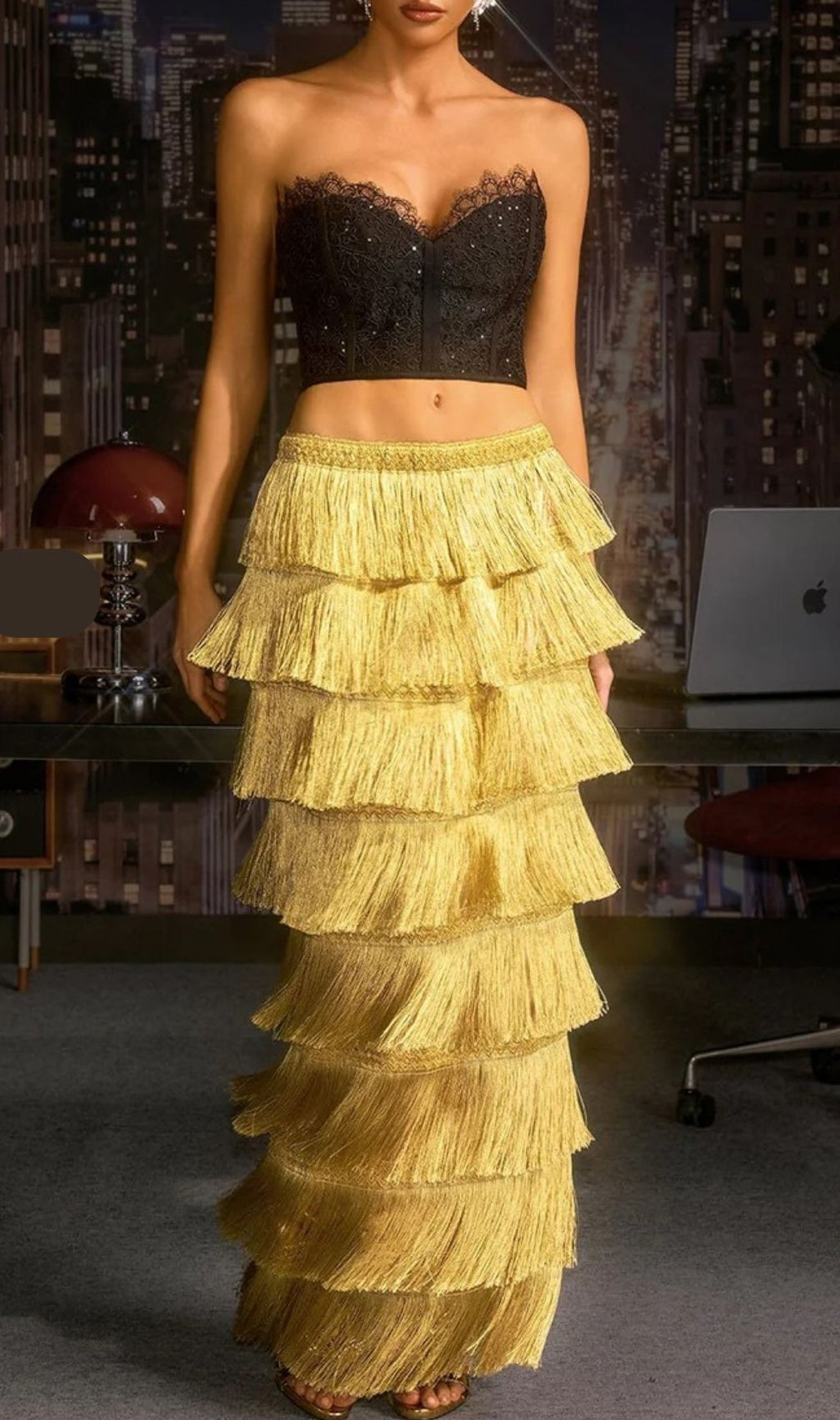 Norylin Gold Fringe Tiered Maxi Skirt - Effortless Glamour & Style for Women