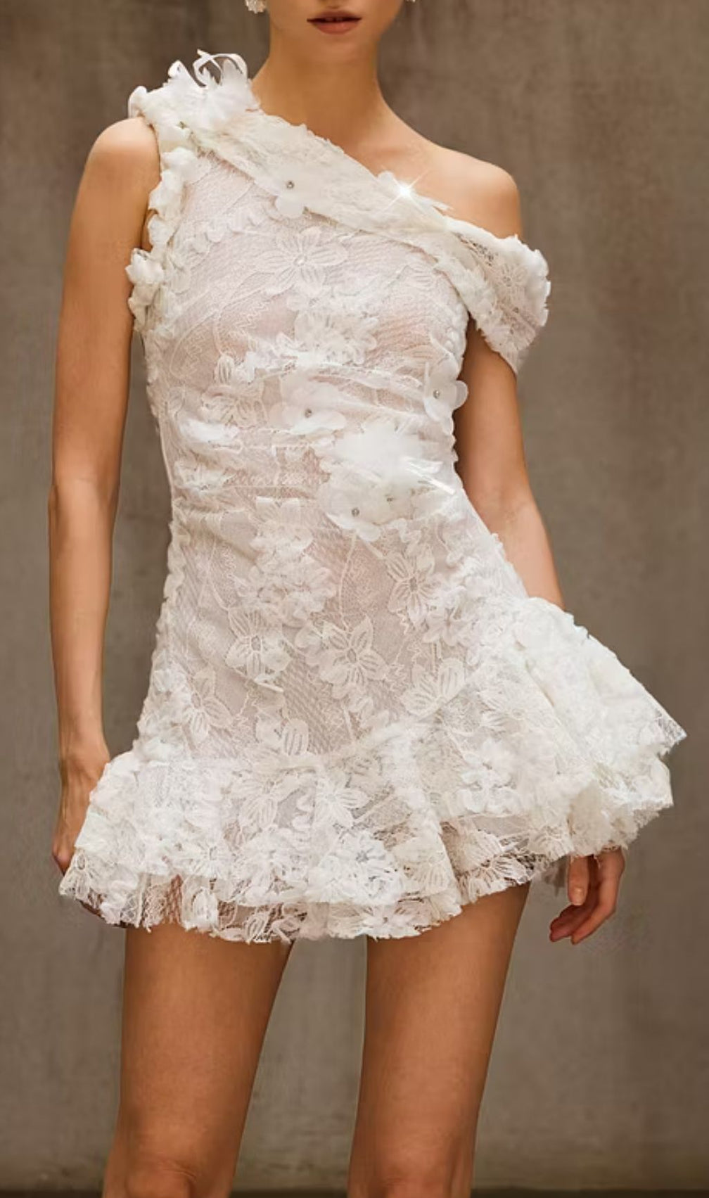 Durriyah Sculptural One-Shoulder Floral Lace Mini Dress - Glamorous Cocktail & Party Statement