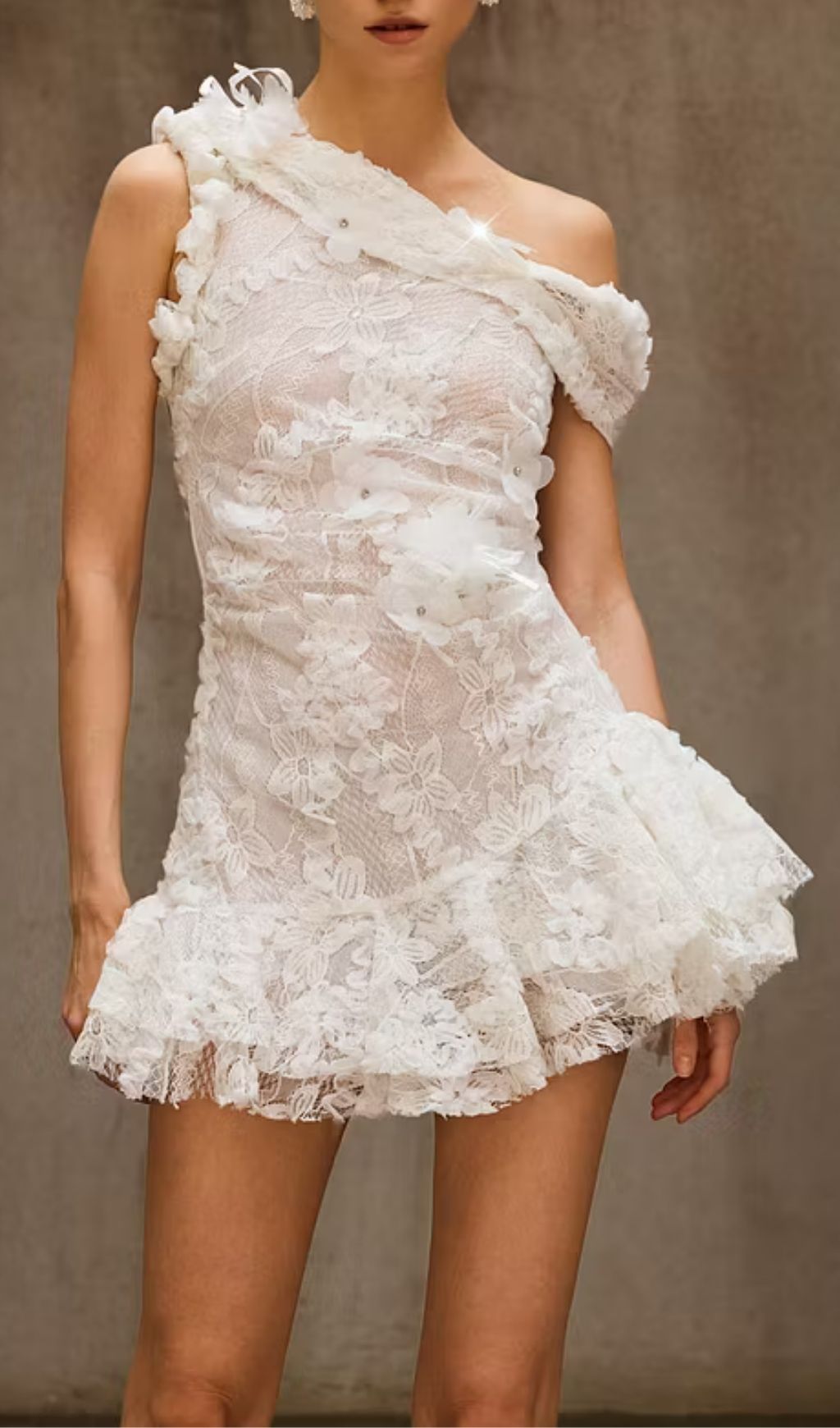 Durriyah Sculptural One-Shoulder Floral Lace Mini Dress - Glamorous Cocktail & Party Statement