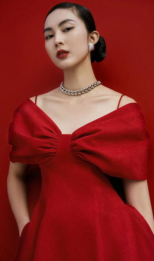 Red Off Shoulder Pleated A Line Dress