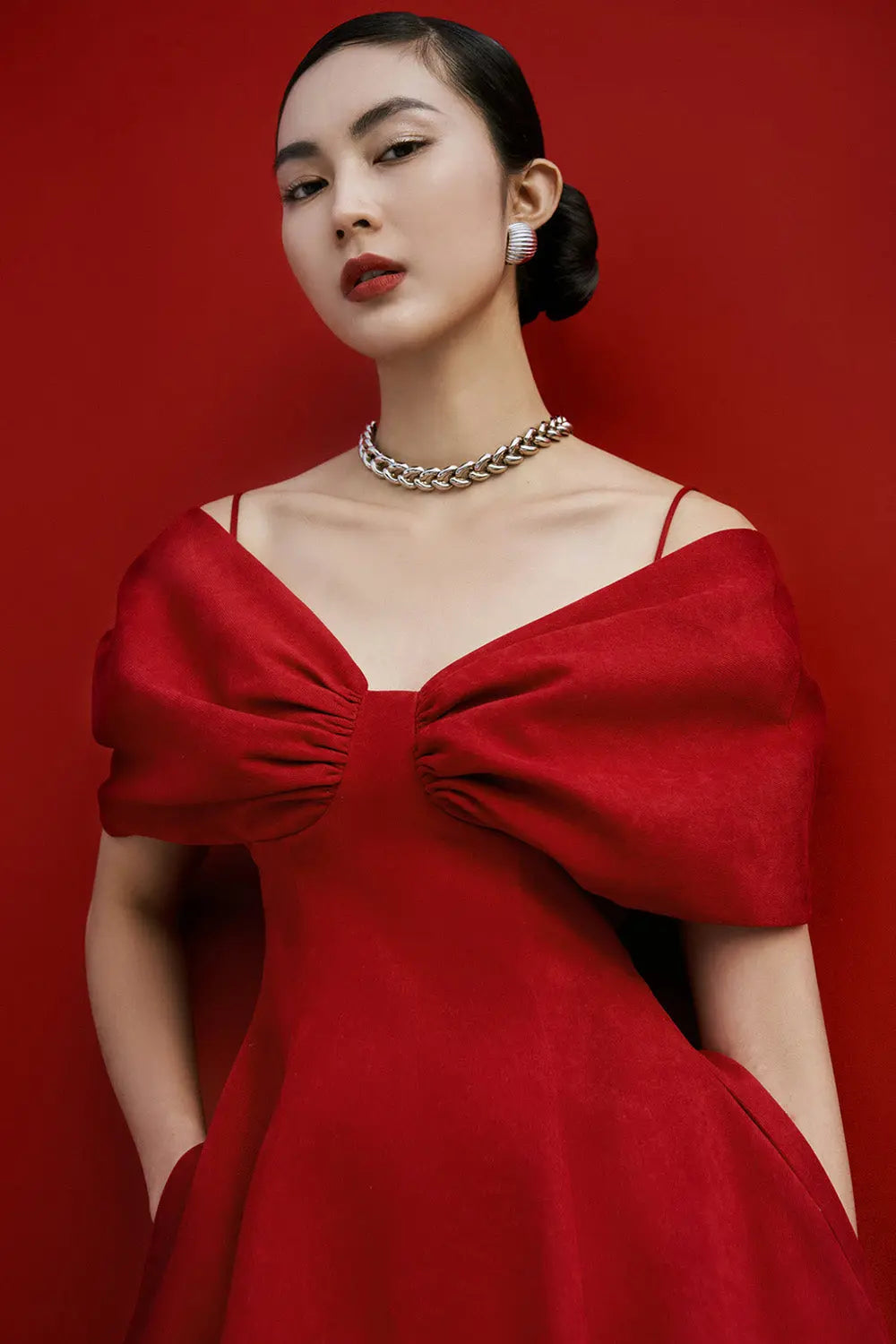 Red Off Shoulder Pleated A Line Dress