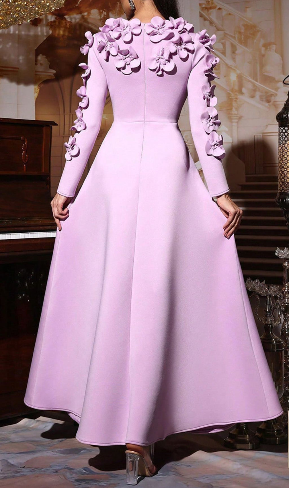 Hadia Lilac Floral Embellished Long Sleeve Maxi Dress - Elegant Occasion Gown