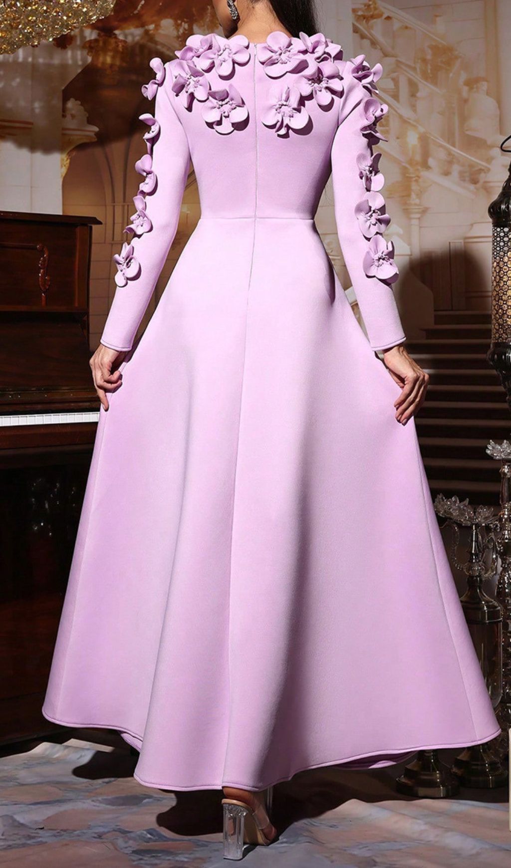 Hadia Lilac Floral Embellished Long Sleeve Maxi Dress - Elegant Occasion Gown