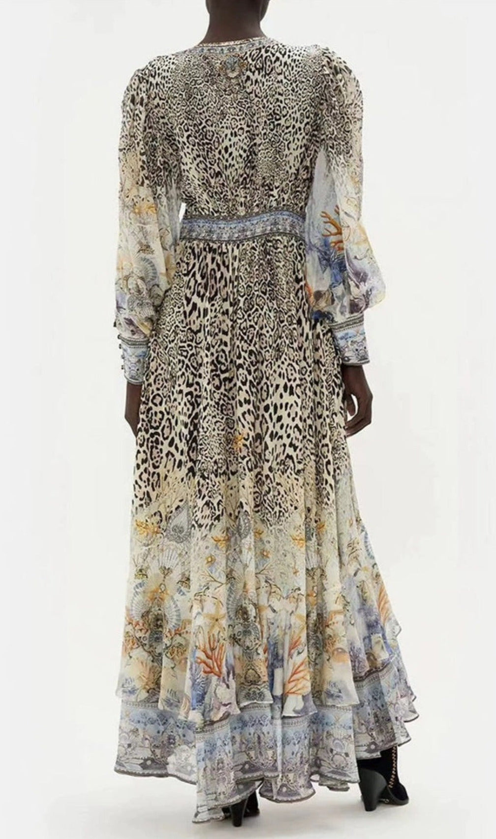 Long Sleeve Deep V-Neck Leopard Pattern Wrapped Waist Maxi Dress