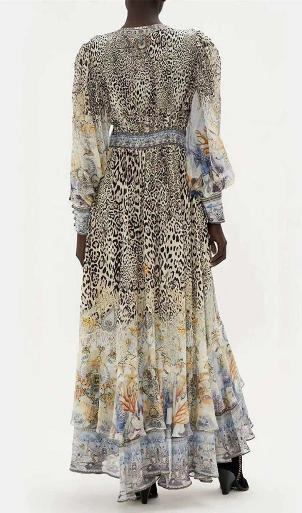 Long Sleeve Deep V-Neck Leopard Pattern Wrapped Waist Maxi Dress