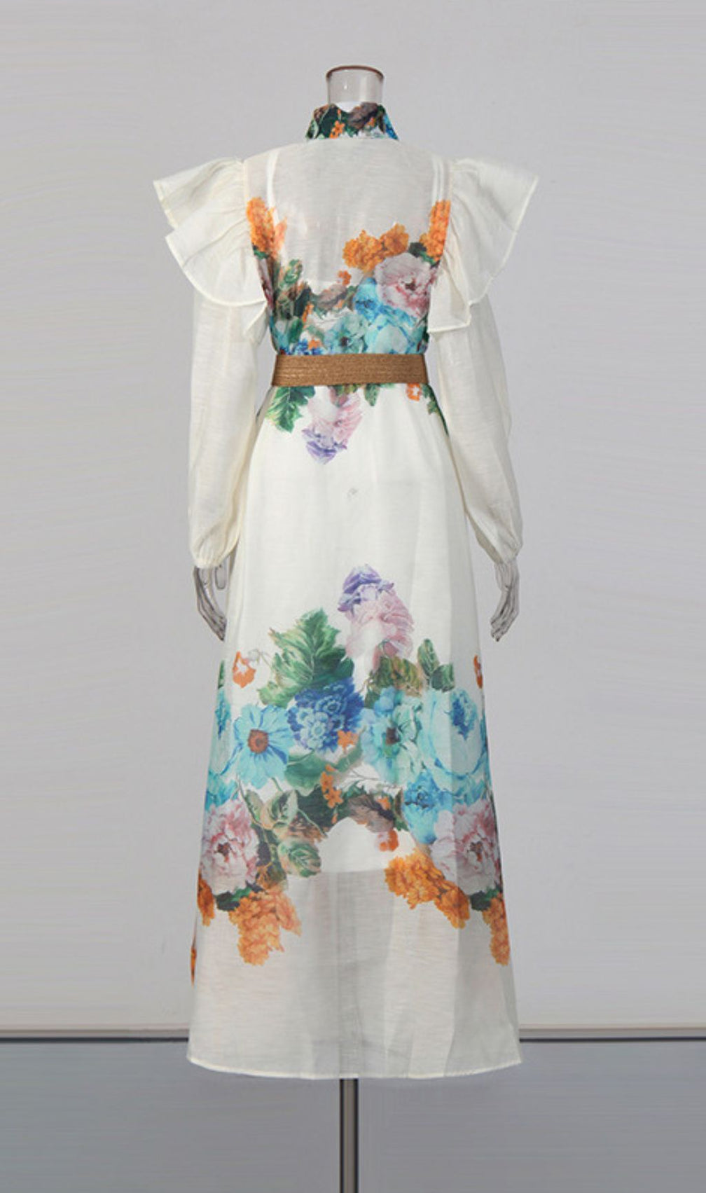 Janie Romantic Floral Ruffled Maxi Shirtdress with Belt