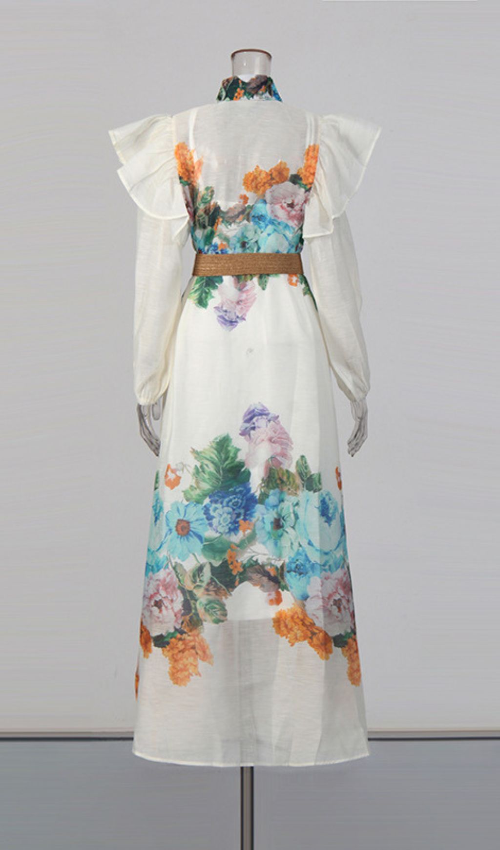 Janie Romantic Floral Ruffled Maxi Shirtdress with Belt