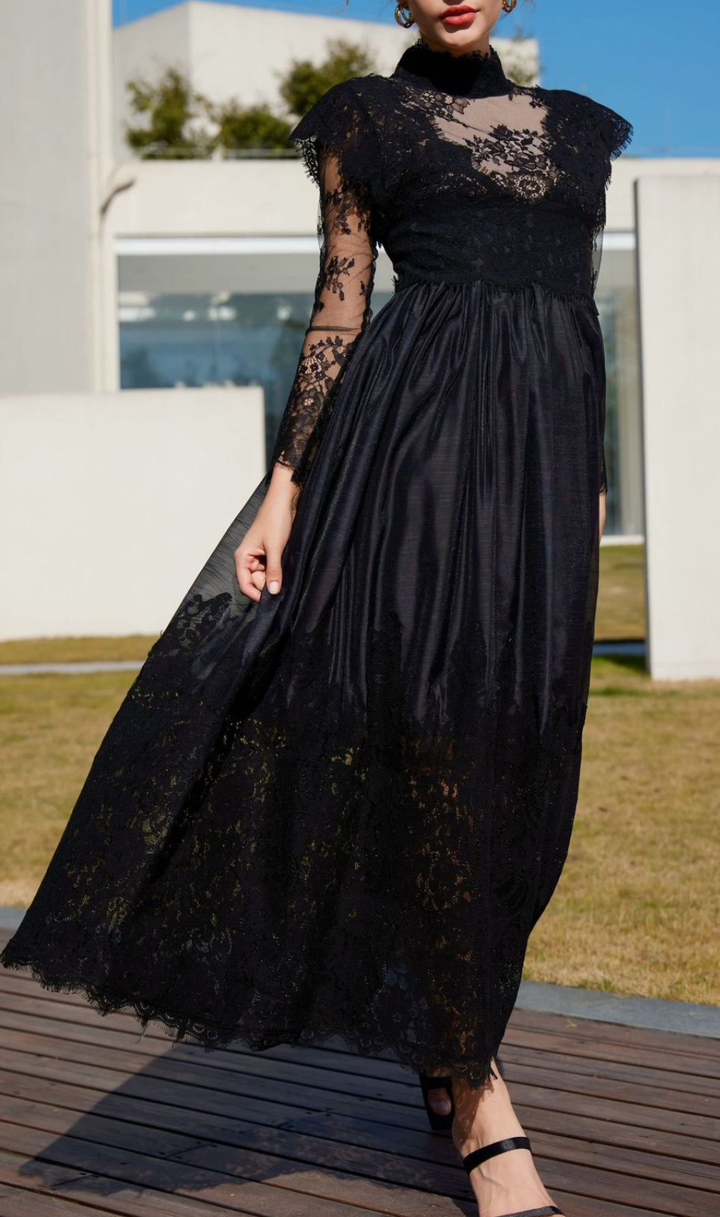 Bavo Black Lace Long Sleeve Maxi Dress