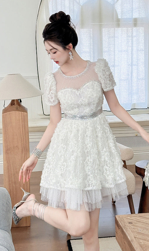 White Lace Sequin Puff Sleeve Mini Dress with Tulle Hem