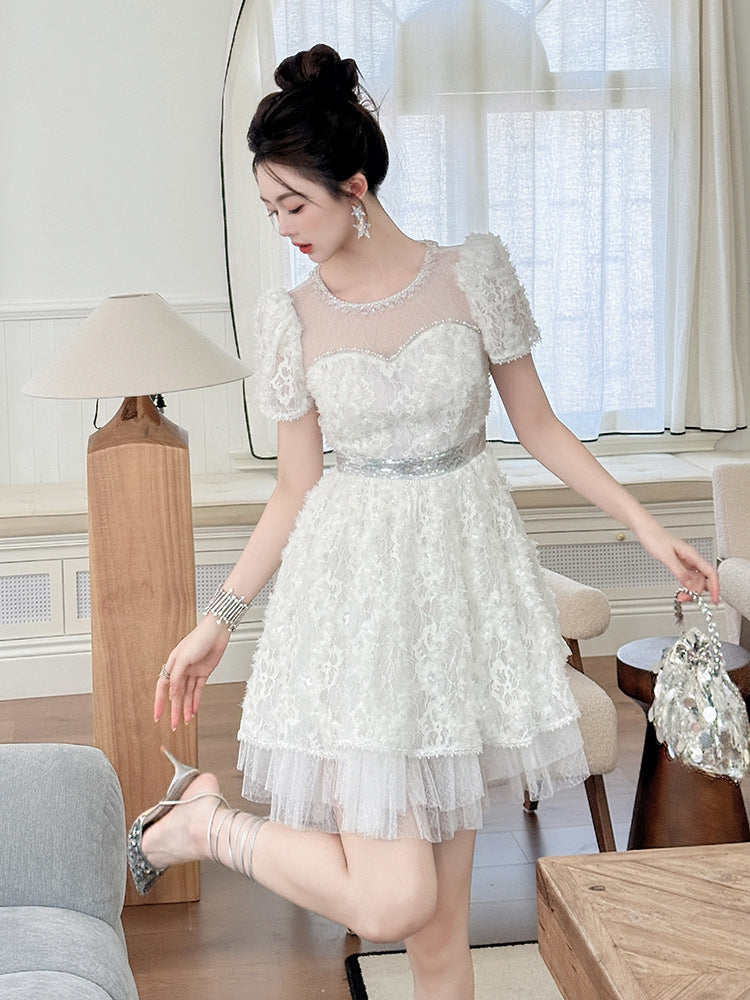 White Lace Sequin Puff Sleeve Mini Dress with Tulle Hem