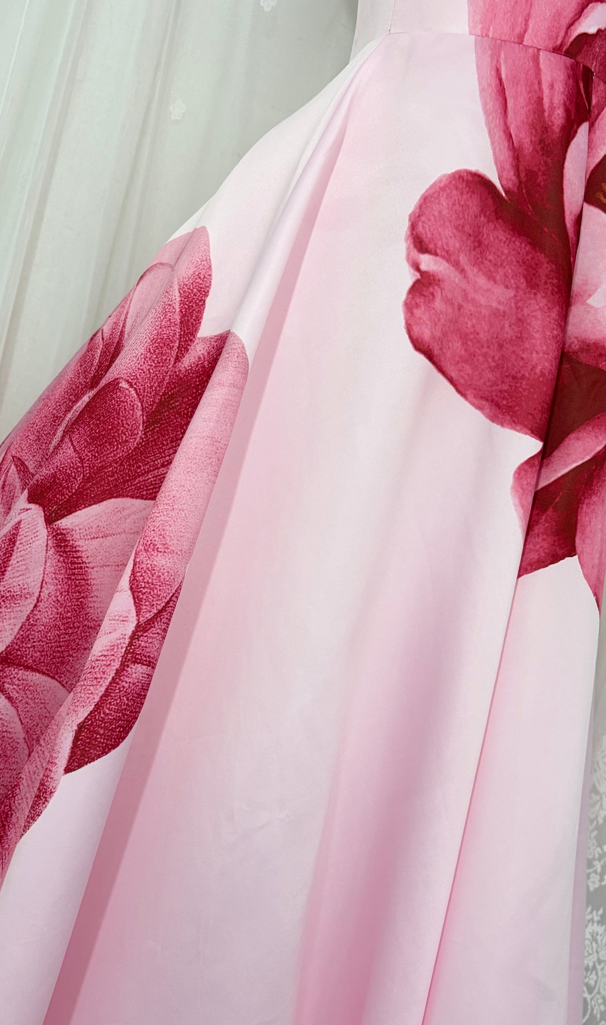 Pink Strapless Large Floral Print Satin Ball Gown