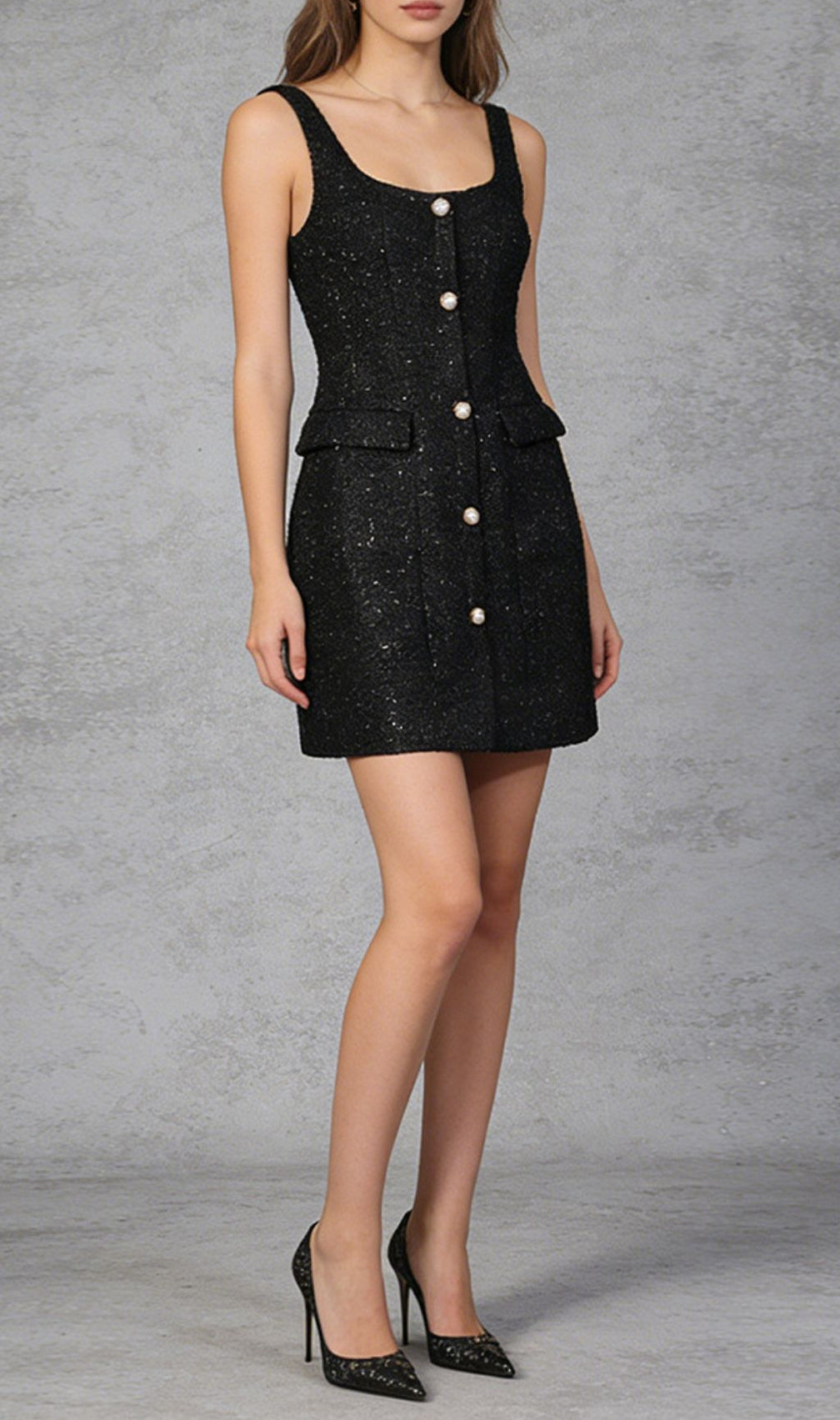 Kae Chic Black Textured Mini Dress with Pearl Buttons