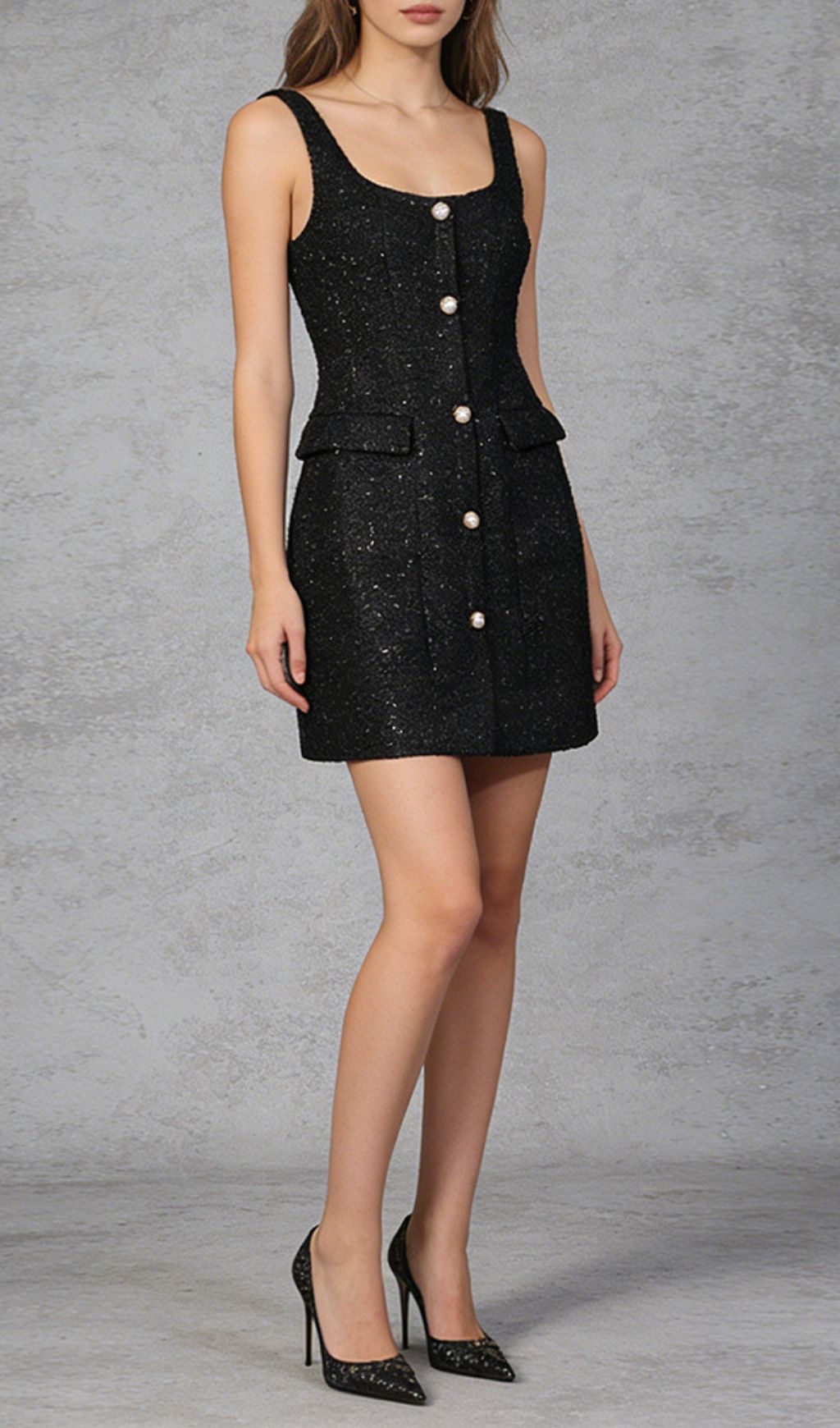 Kae Chic Black Textured Mini Dress with Pearl Buttons