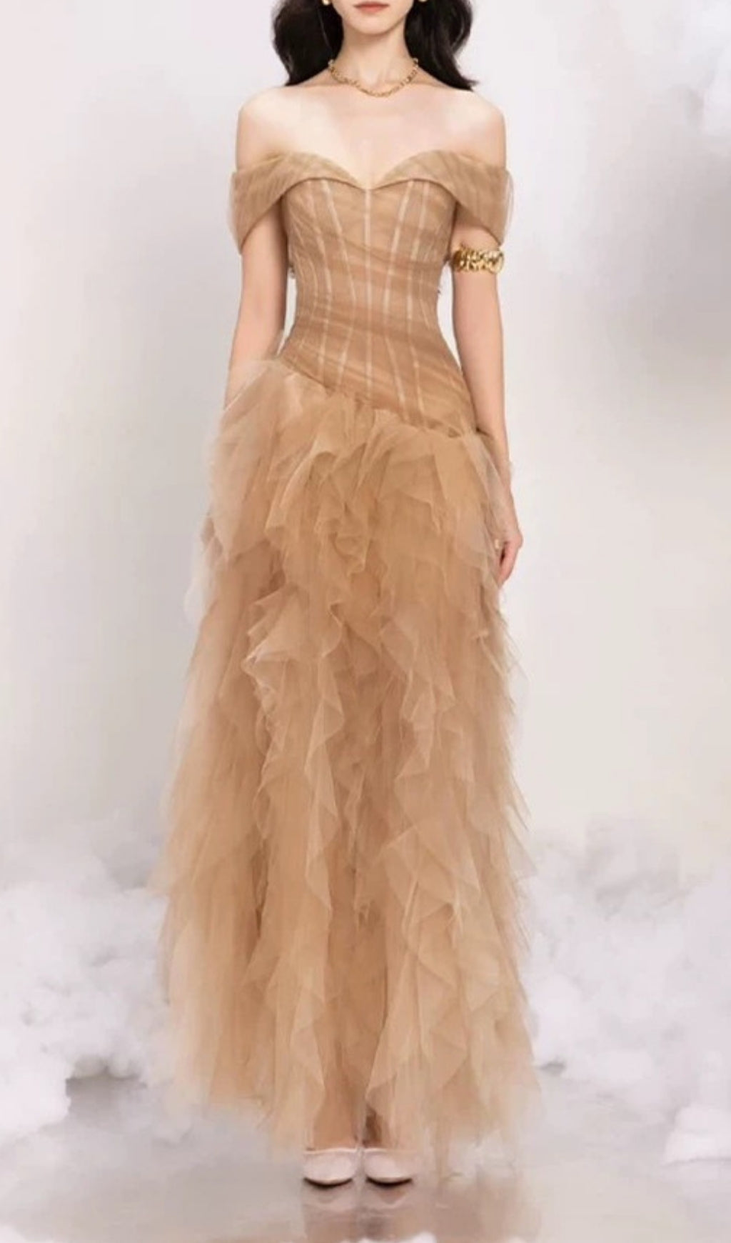 Ersa Off-Shoulder Corset Mesh Maxi Dress