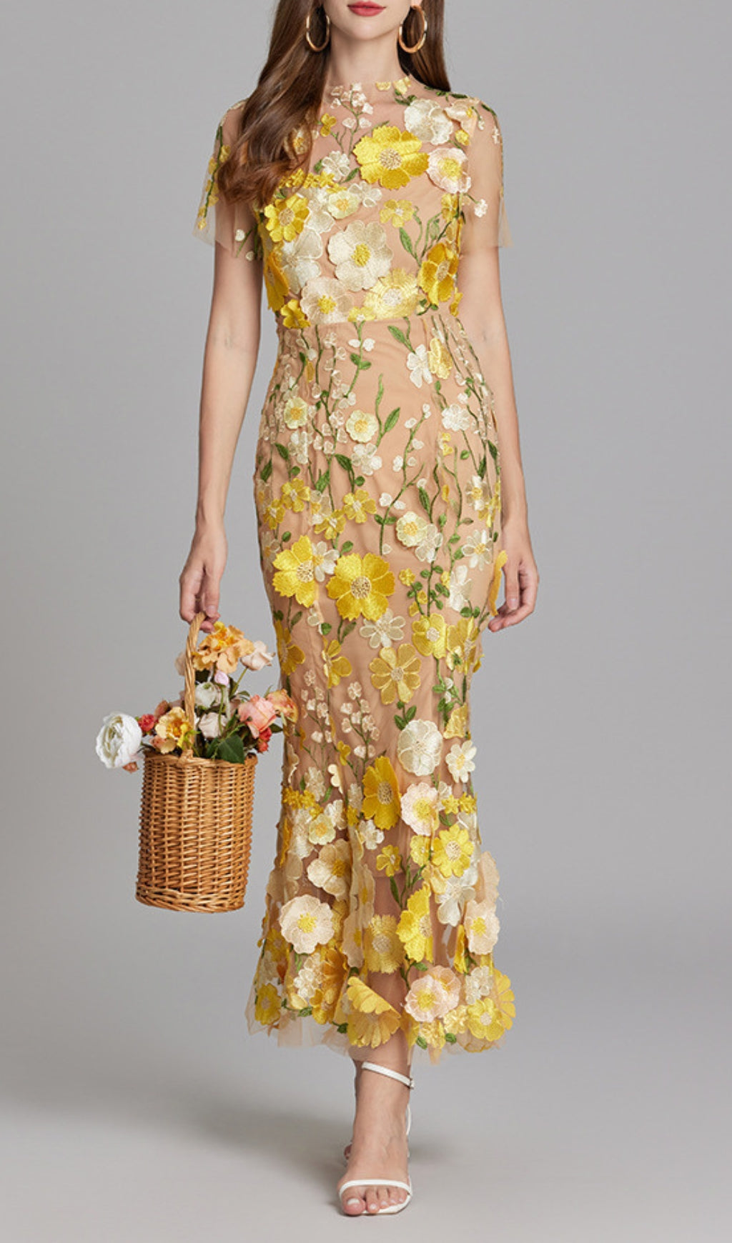 Carol Yellow Floral Embroidery Mesh Fishtail Midi Dress