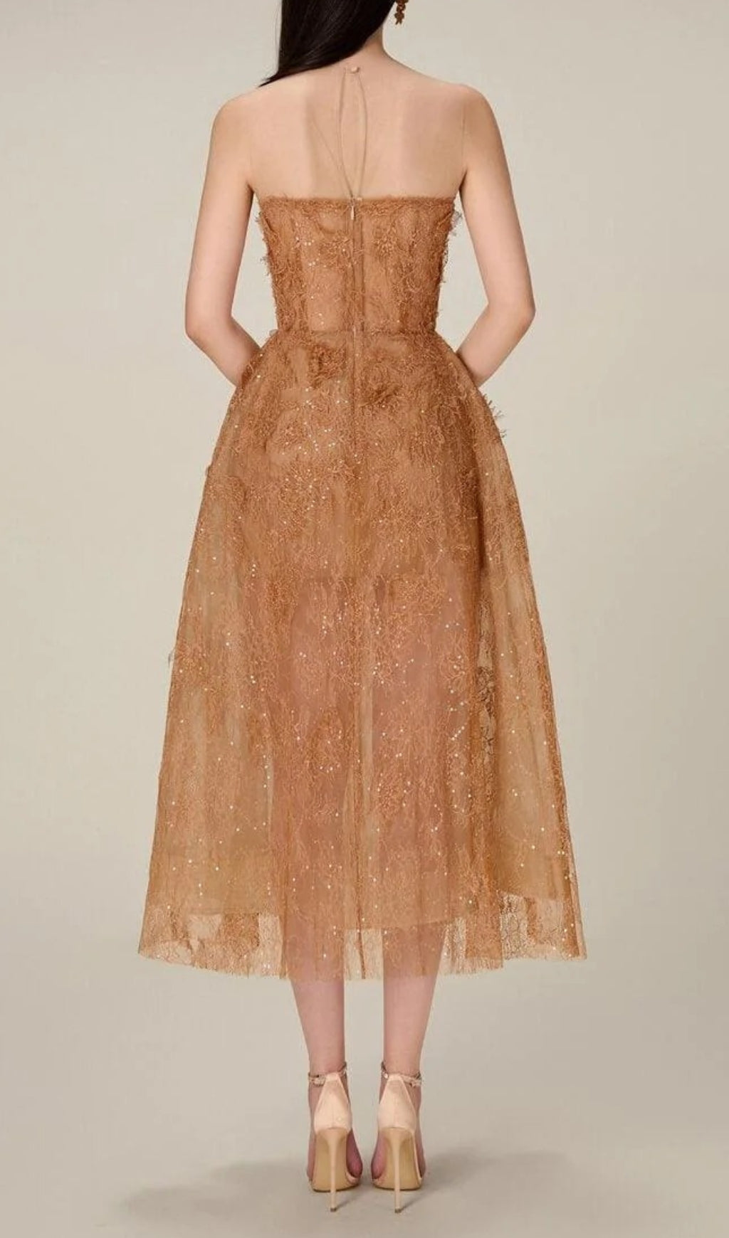 Allyson Caramel Floral Lace Embroider Midi Dress