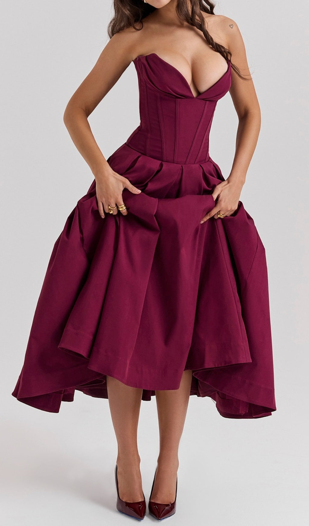Devani Wine Strapless Corset Midi Dress