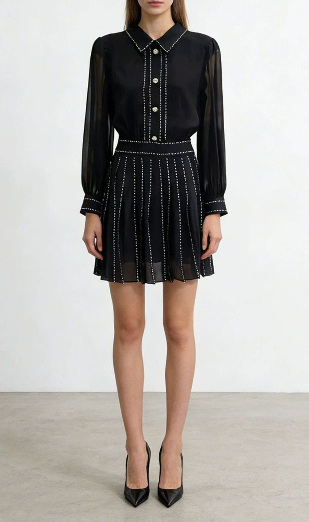 Kaitlynn Embellished Black Long Sleeve Mini Dress