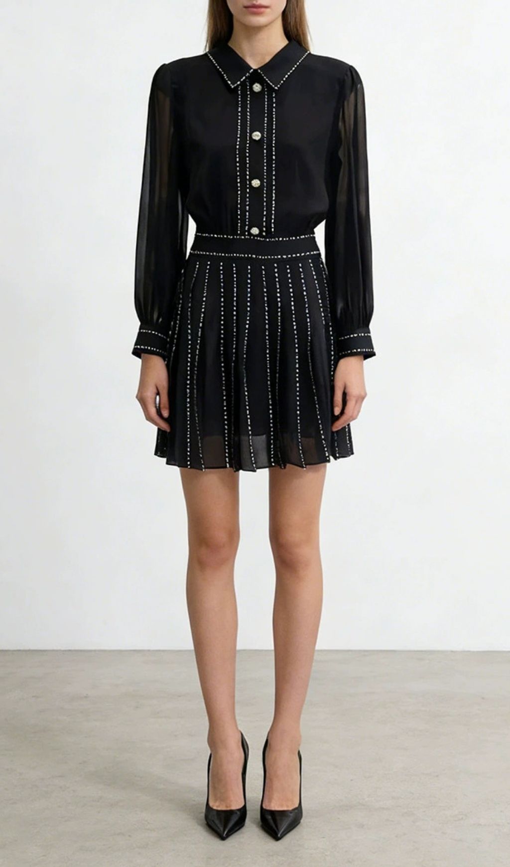 Kaitlynn Embellished Black Long Sleeve Mini Dress
