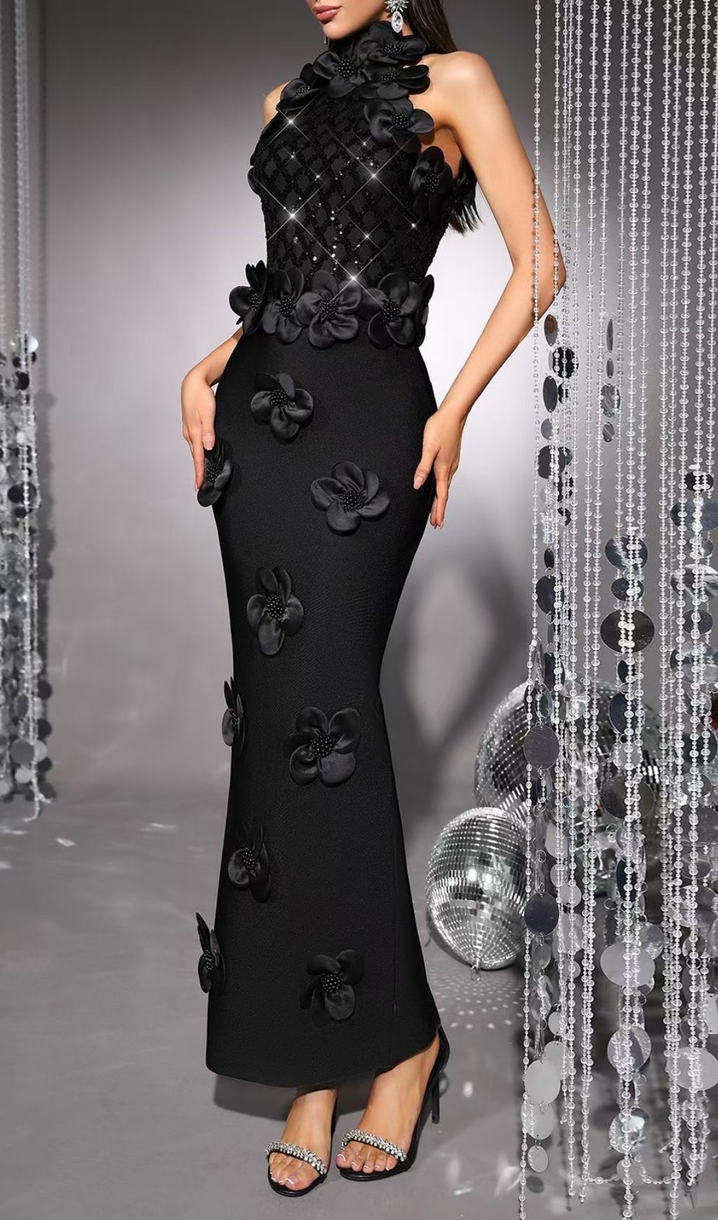Kendi Black Halter Sequin & 3D Floral Bandage Maxi Gown - Elegant Evening Dress
