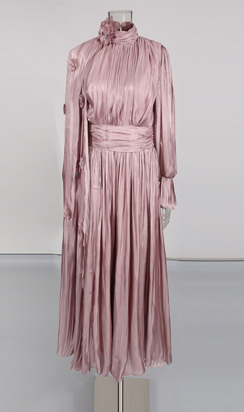 Irfan Opulent Bloom Pleated Satin Midi Dress with 3D Floral Cape