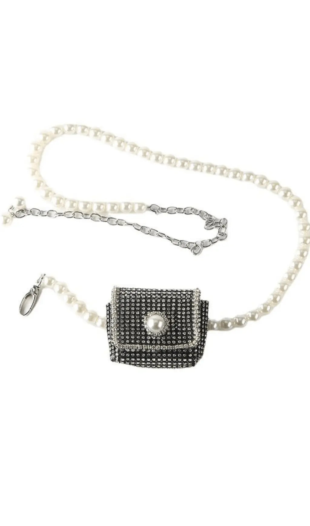 Chic Silver Rhinestone Mini Bag Pearl Necklace for Women - Glamorous Crystal Micro Purse