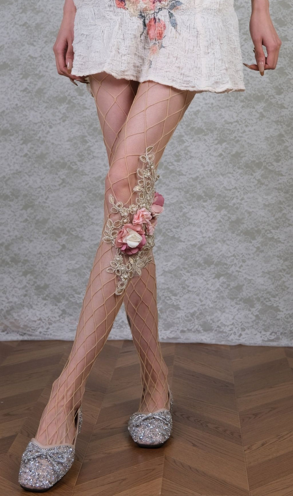 Ethereal 3D Floral & Pearl Embellished Mesh Tights